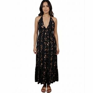 Shop Neighbor By In the Beginning Black Orange Floral Halter Maxi Dress Boho M